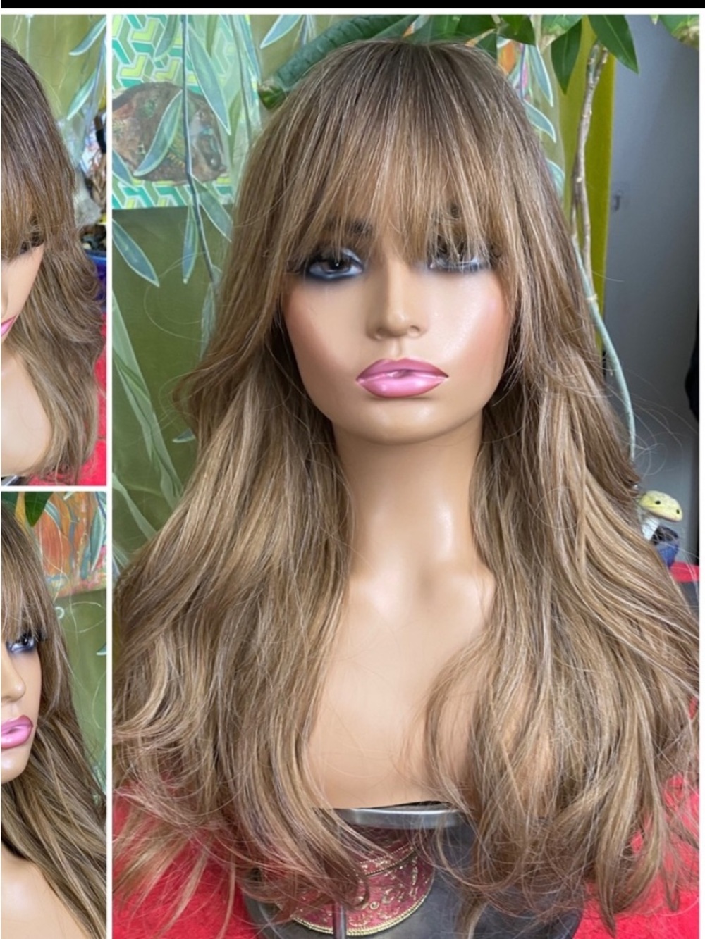 Light brown brunette wig with highlights and bangs/roots
